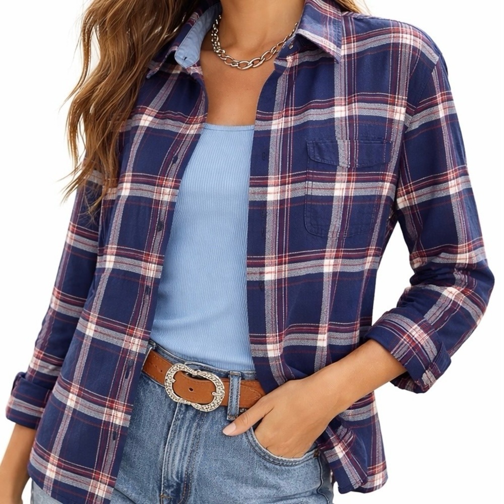American Eagle Outfitters Button-down Shirt Classic Fit Plaid Blue Red Cream S